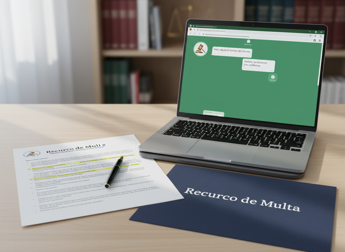 A neatly arranged workstation displaying a legal traffic fine appeal in progress, with a crisp white sheet covered in structured, highlighted text beside a modern silver laptop showing a WhatsApp Web conversation window with a green interface and official badge icon. The scene sits on a light wood desk with a dark blue folder labeled “Recurso de Multa” in clean typography. Soft daylight from a nearby window creates gentle reflections on the laptop and subtle shadows from a black fountain pen. Photographic realism, eye-level composition with shallow depth of field, the background fading into a softly blurred bookshelf with law codes. The atmosphere is professional, trustworthy, and organized, reinforcing clarity and confidence in administrative traffic fine solutions.